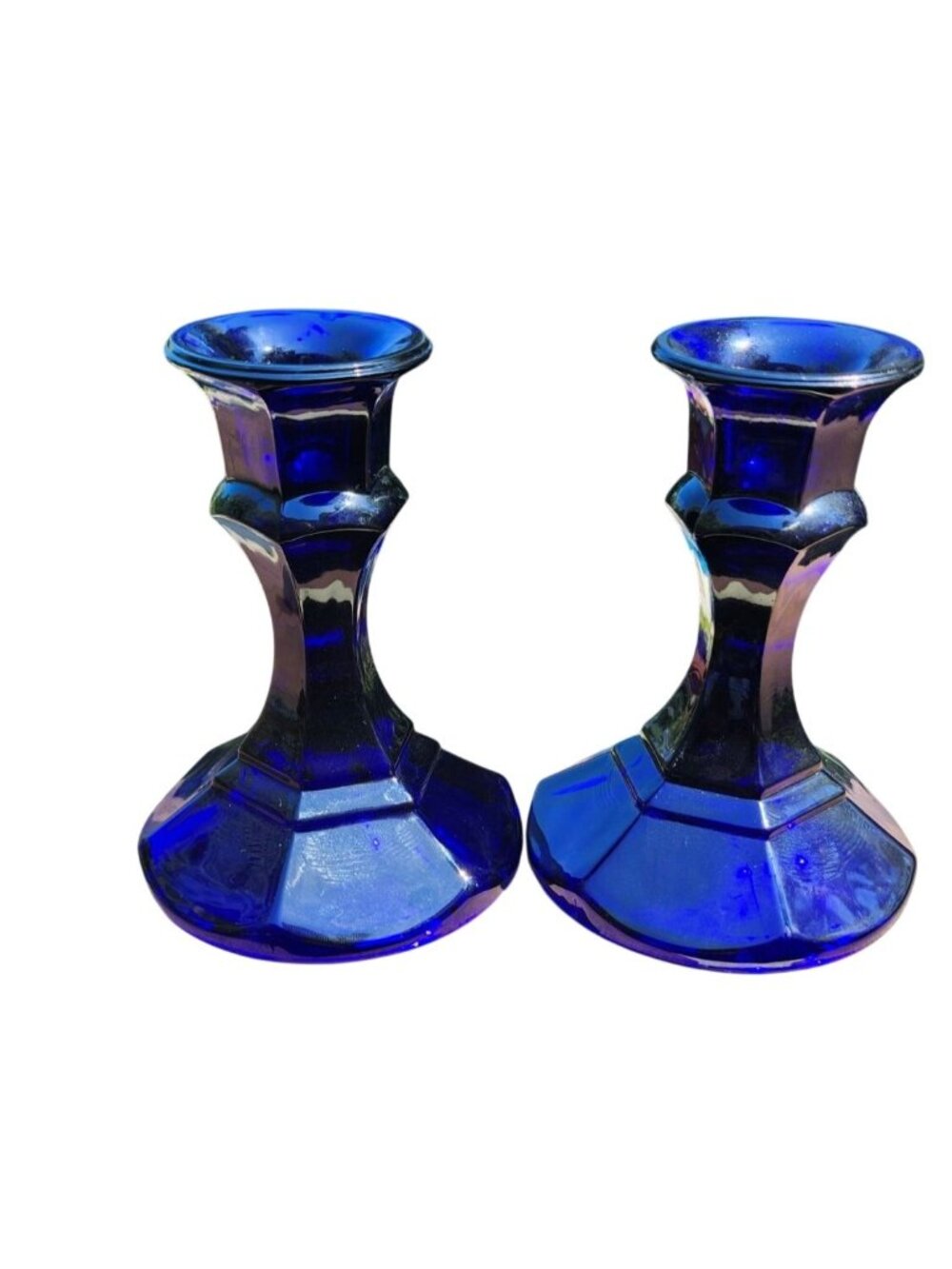 Vintage Pair Of Cobalt Blue Glass Candlestick Holders hexigonal Bases